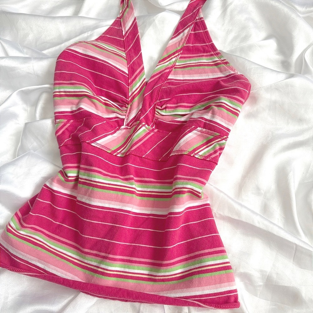 SO Wear It Declare It Pink Striped Halter Top XL Y2K Sleeveless V-Neck Tank